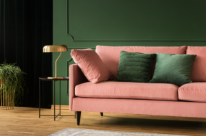 green and pink living room 